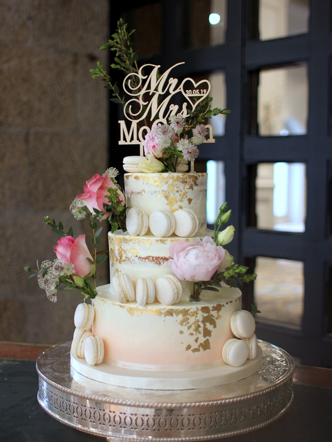 Semi Naked Cake With Macaron And Gold Leaves French Wedding Cakes